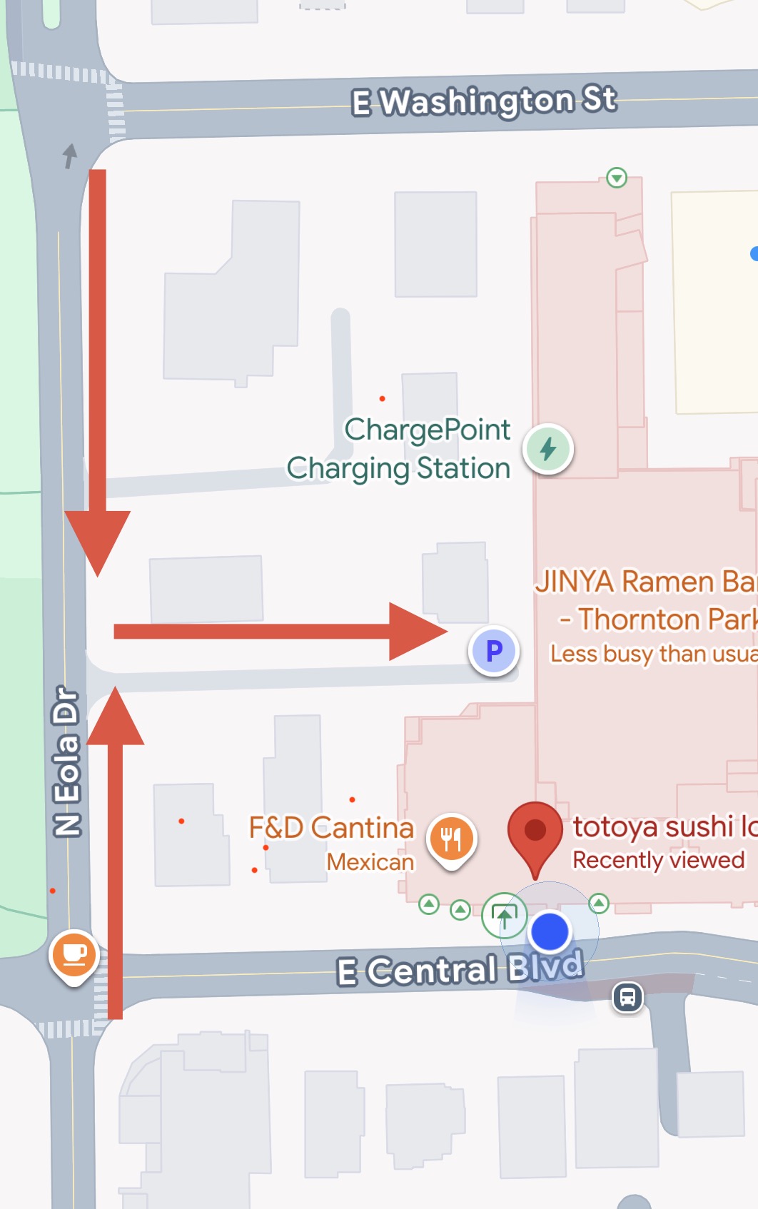 Map showing the rainy-day parking route to Totoya Lounge & Sushi